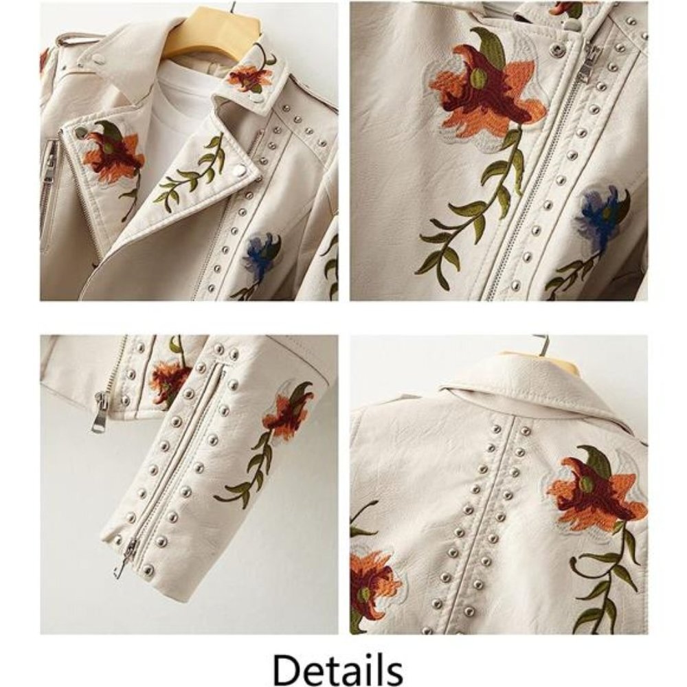 Off White Floral Embroidered Studded Faux Leather Jacket Moto Bomber Jacket Coat - Picture 5 of 6